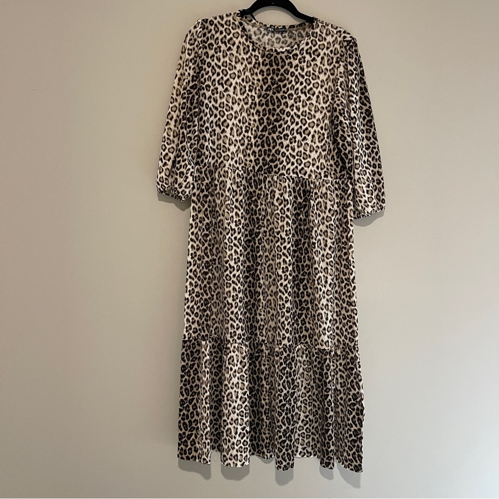 Zara Brown Black Animal Print Tiered Dress Leopard Midi Size Medium